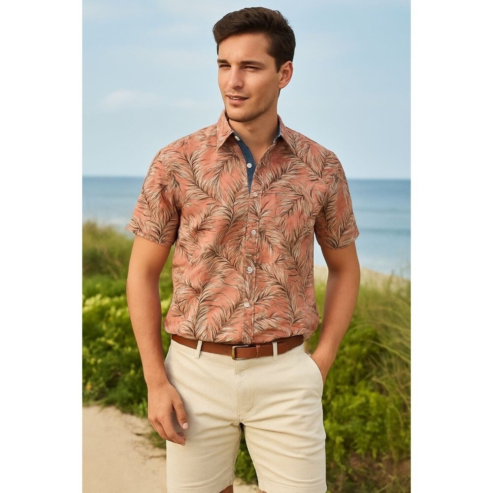 Jachs NY Shirt Mens Sz Large Stretch Button-Down Coastal-Preppy Palm Leaf‎ Print